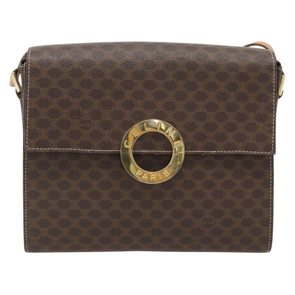 CELINE Macadam Canvas Circle Shoulder Bag PVC Leather Brown Gold Auth 182191A