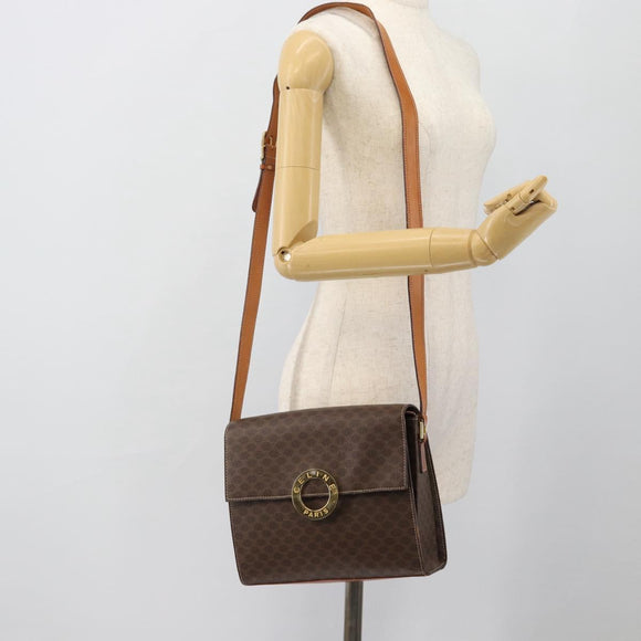 CELINE Macadam Canvas Circle Shoulder Bag PVC Leather Brown Gold Auth 182191A