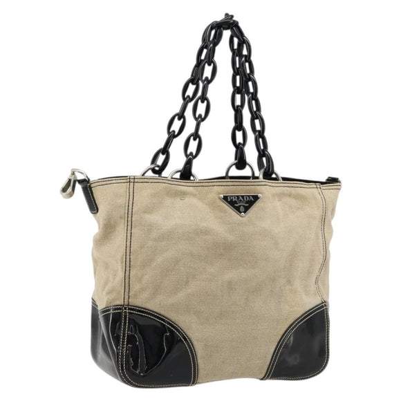 PRADA Plastic Chain Tote Bag Canvas Beige Silver Auth 182198