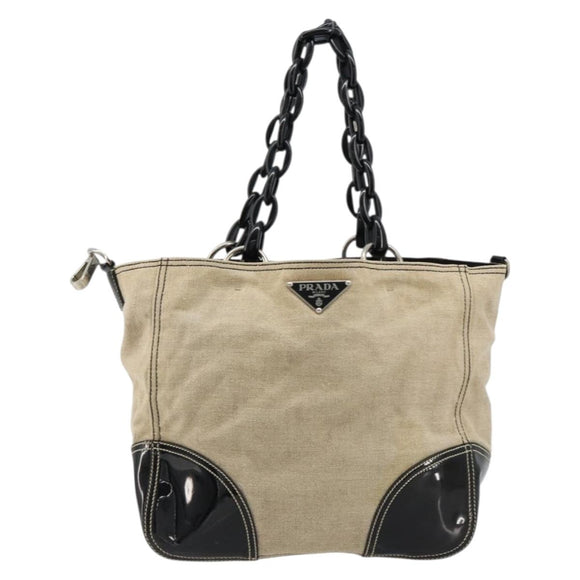 PRADA Plastic Chain Tote Bag Canvas Beige Silver Auth 182198