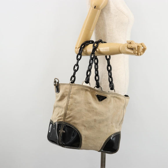 PRADA Plastic Chain Tote Bag Canvas Beige Silver Auth 182198