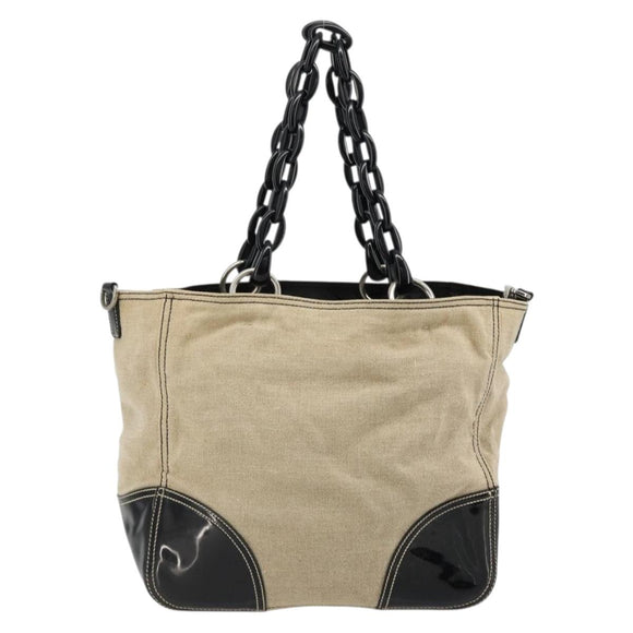 PRADA Plastic Chain Tote Bag Canvas Beige Silver Auth 182198