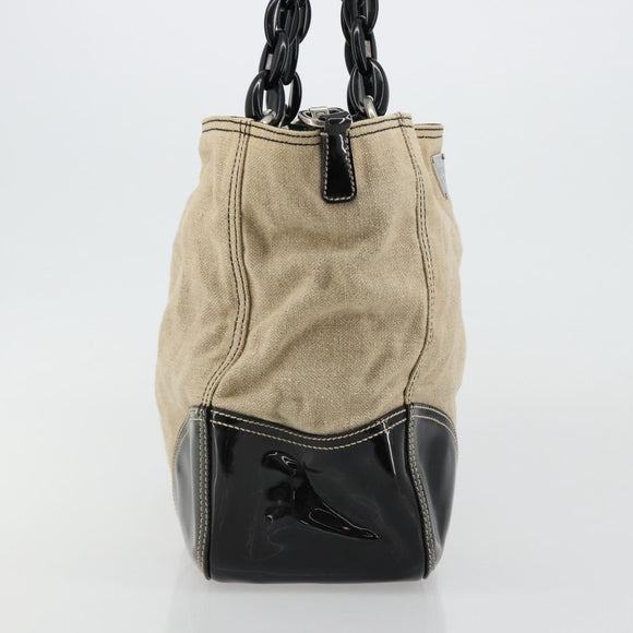 PRADA Plastic Chain Tote Bag Canvas Beige Silver Auth 182198