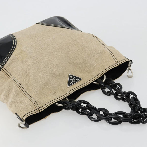 PRADA Plastic Chain Tote Bag Canvas Beige Silver Auth 182198