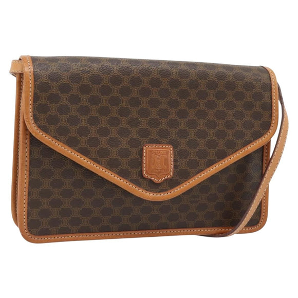 CELINE Macadam Canvas Shoulder Bag PVC Leather Brown Gold Auth 182200A