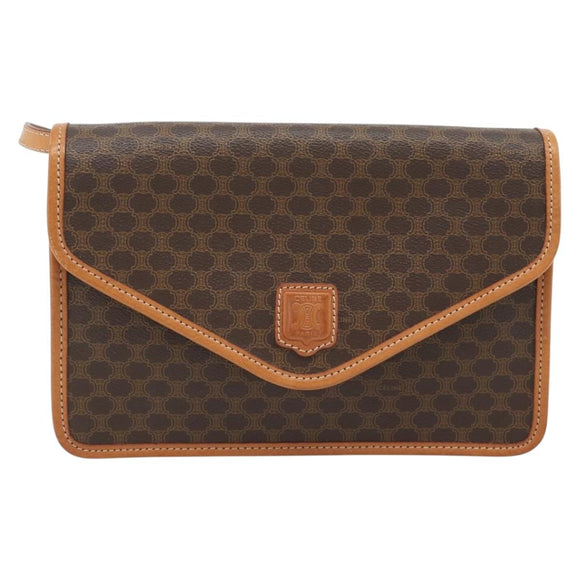 CELINE Macadam Canvas Shoulder Bag PVC Leather Brown Gold Auth 182200A