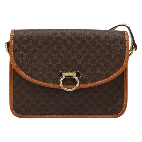 CELINE Macadam Canvas Shoulder Bag PVC Leather Brown Gold Auth 182202A