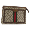 GUCCI GG Supreme Web Sherry Line Clutch Bag PVC Beige Gold Auth 182207-1