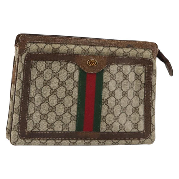 GUCCI GG Supreme Web Sherry Line Clutch Bag PVC Beige Gold Auth 182207