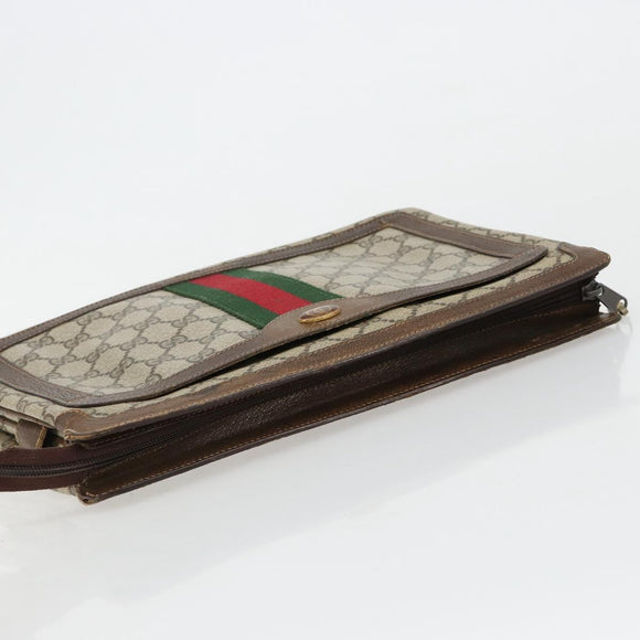 GUCCI GG Supreme Web Sherry Line Clutch Bag PVC Beige Gold Auth 182207
