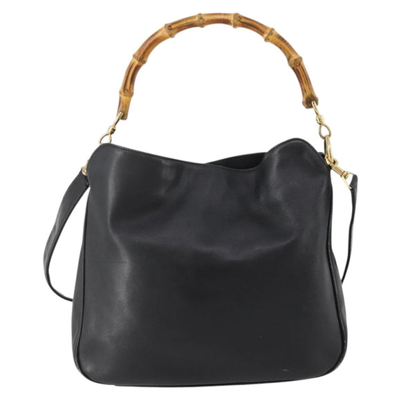 GUCCI Bamboo Shoulder Bag Leather 2way Black Gold 001 3444 1638 Auth 182216