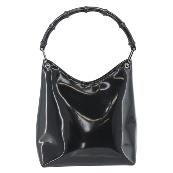 GUCCI Bamboo Shoulder Bag Patent leather Black Silver Auth 182217