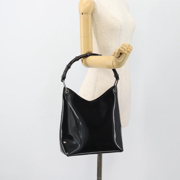 GUCCI Bamboo Shoulder Bag Patent leather Black Silver Auth 182217