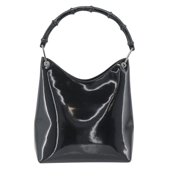 GUCCI Bamboo Shoulder Bag Patent leather Black Silver Auth 182217