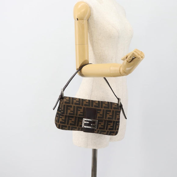 FENDI Zucca Canvas Mamma Baguette Shoulder Bag Black Brown Auth 182220SAM