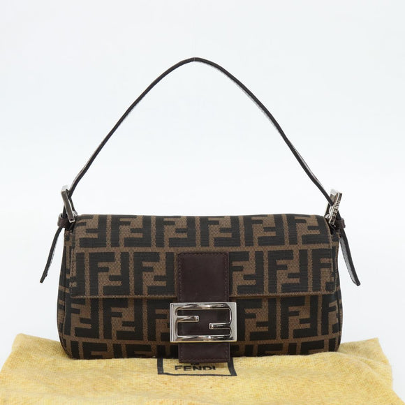 FENDI Zucca Canvas Mamma Baguette Shoulder Bag Black Brown Auth 182220SAM