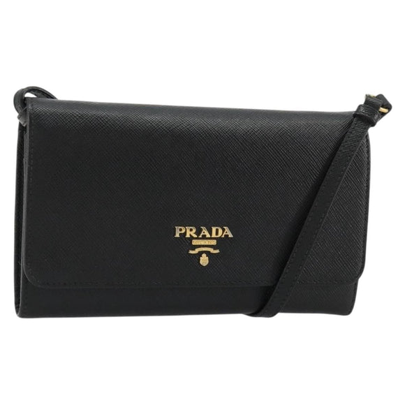 PRADA Shoulder Bag Safiano leather Black Gold Auth 182224V