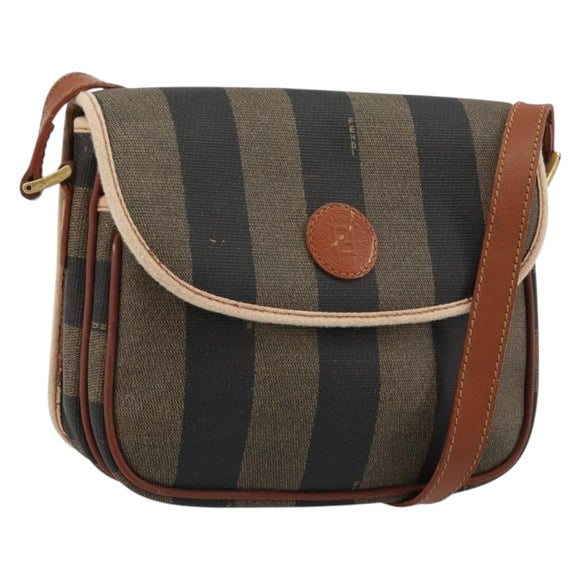 FENDI Pecan Canvas Shoulder Bag PVC Brown Gold Auth 182229