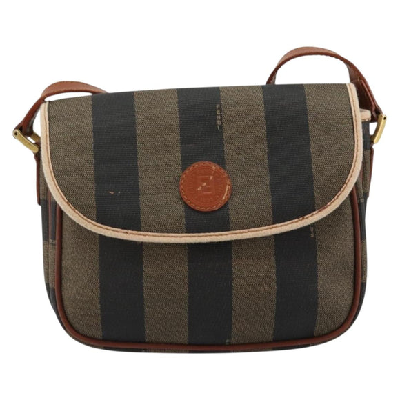 FENDI Pecan Canvas Shoulder Bag PVC Brown Gold Auth 182229