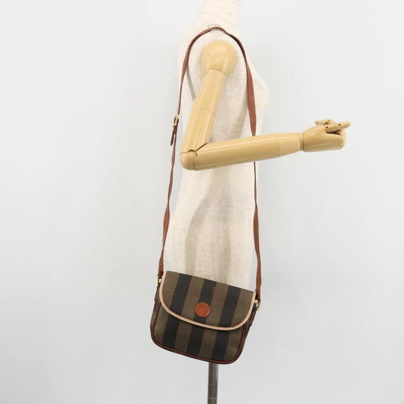 FENDI Pecan Canvas Shoulder Bag PVC Brown Gold Auth 182229