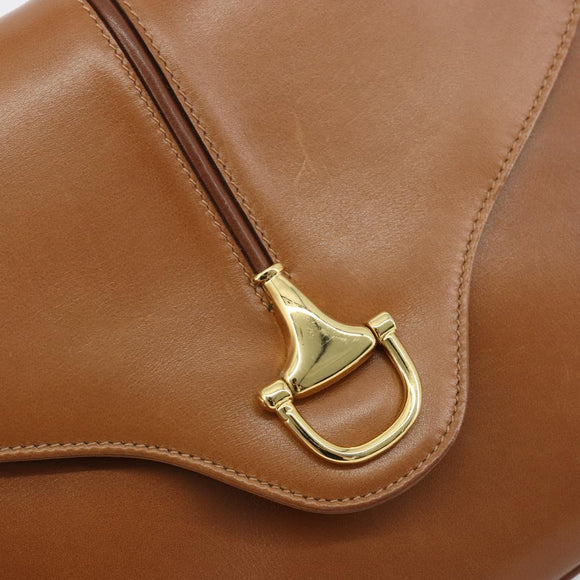 GUCCI Horsebit Shoulder Bag Leather Beige Gold Auth 182233A
