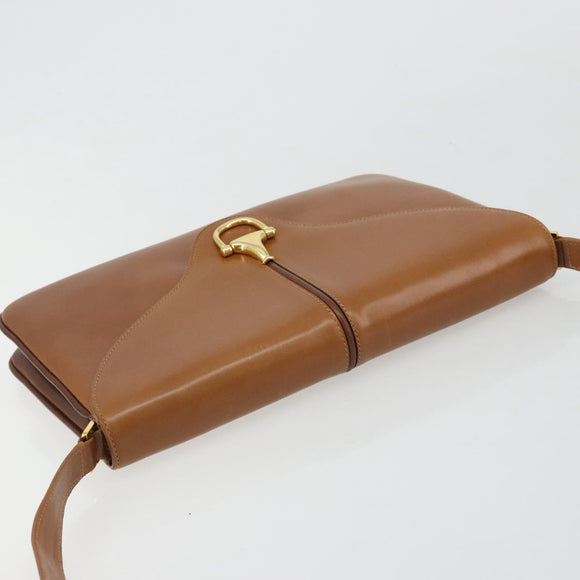 GUCCI Horsebit Shoulder Bag Leather Beige Gold Auth 182233A