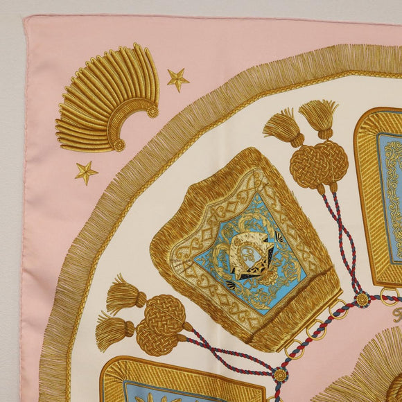 HERMES Carre 90 Scarf ""Poste et Cavalerie"" Silk Pink Auth 182247