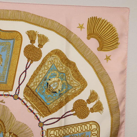 HERMES Carre 90 Scarf ""Poste et Cavalerie"" Silk Pink Auth 182247