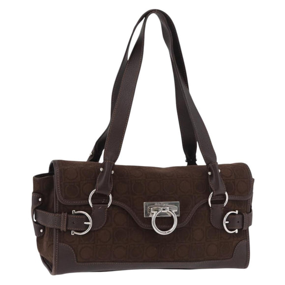 Salvatore Ferragamo Gancini Hand Bag Suede Brown Silver Auth 182264A