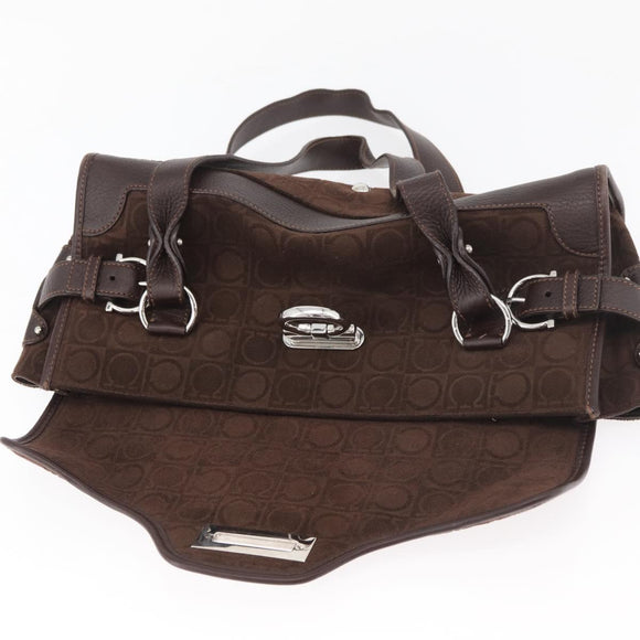 Salvatore Ferragamo Gancini Hand Bag Suede Brown Silver Auth 182264A