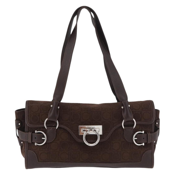 Salvatore Ferragamo Gancini Hand Bag Suede Brown Silver Auth 182264A