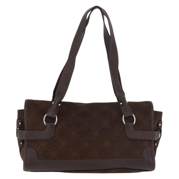 Salvatore Ferragamo Gancini Hand Bag Suede Brown Silver Auth 182264A