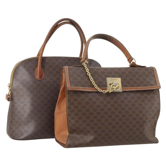 CELINE Macadam Canvas Hand Bag PVC Leather 2 Set Brown Gold Auth 182267