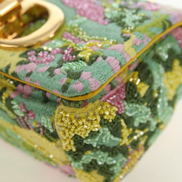 Christian Dior Caro Chain Shoulder Bag Canvas Beads Green Gold Auth 182308SM