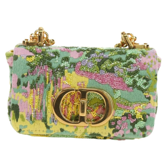Christian Dior Caro Chain Shoulder Bag Canvas Beads Green Gold Auth 182308SM