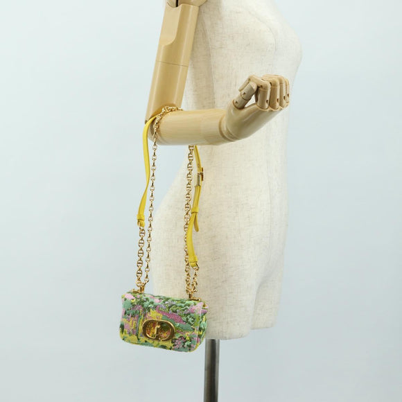 Christian Dior Caro Chain Shoulder Bag Canvas Beads Green Gold Auth 182308SM