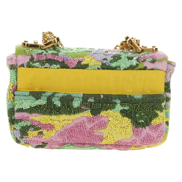 Christian Dior Caro Chain Shoulder Bag Canvas Beads Green Gold Auth 182308SM