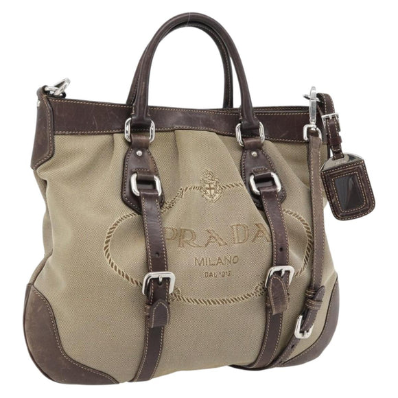PRADA Handtasche Canvas Leder 2-Wege Beige Silber Auth 182357