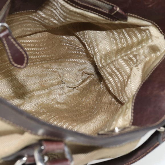 PRADA Handtasche Canvas Leder 2-Wege Beige Silber Auth 182357