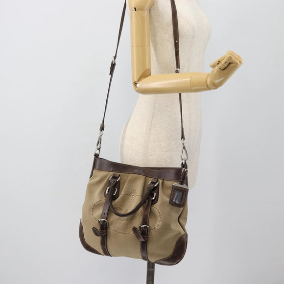PRADA Handtasche Canvas Leder 2-Wege Beige Silber Auth 182357