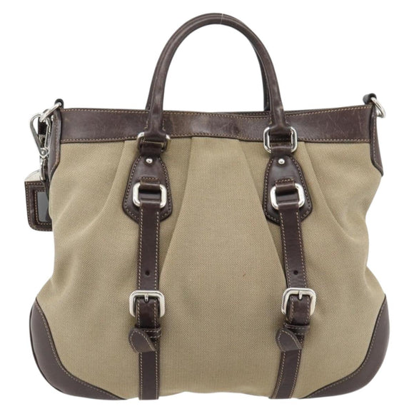 PRADA Handtasche Canvas Leder 2-Wege Beige Silber Auth 182357