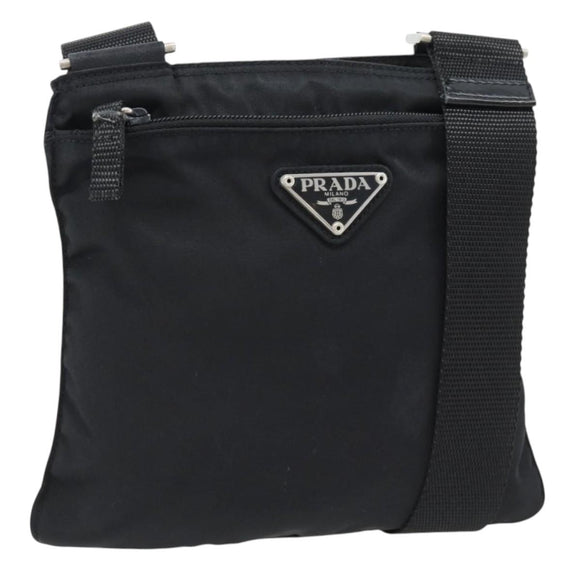 PRADA Schoudertas Nylon Zwart Zilver Auth 182359A