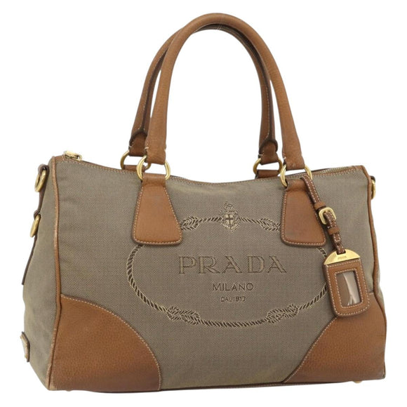PRADA Hand Bag Canvas Leather Brown Gold Auth 182363