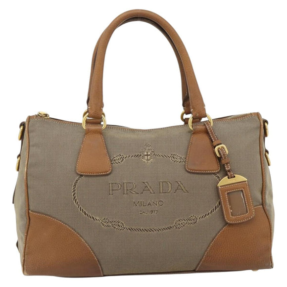 PRADA Hand Bag Canvas Leather Brown Gold Auth 182363