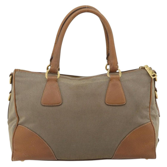PRADA Hand Bag Canvas Leather Brown Gold Auth 182363