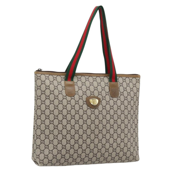 GUCCI GG Plus Supreme Web Sherry Line Tote Bag PVC Beige Red Green Auth 182365