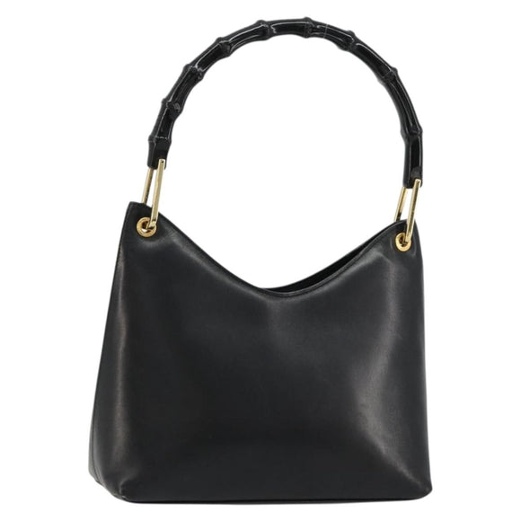 GUCCI Bamboo Shoulder Bag Leather Black Gold 001 3008 Auth 182382