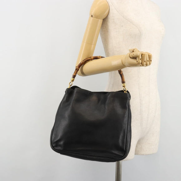 GUCCI Bamboo Hand Bag Leather Black Gold Auth 182385