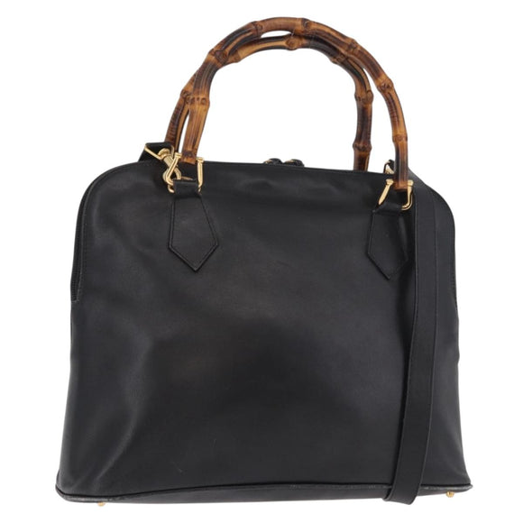 GUCCI Bamboo Hand Bag Leather 2way Black Gold 000 3780 0289 Auth 182386