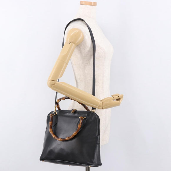 GUCCI Bamboo Hand Bag Leather 2way Black Gold 000 3780 0289 Auth 182386